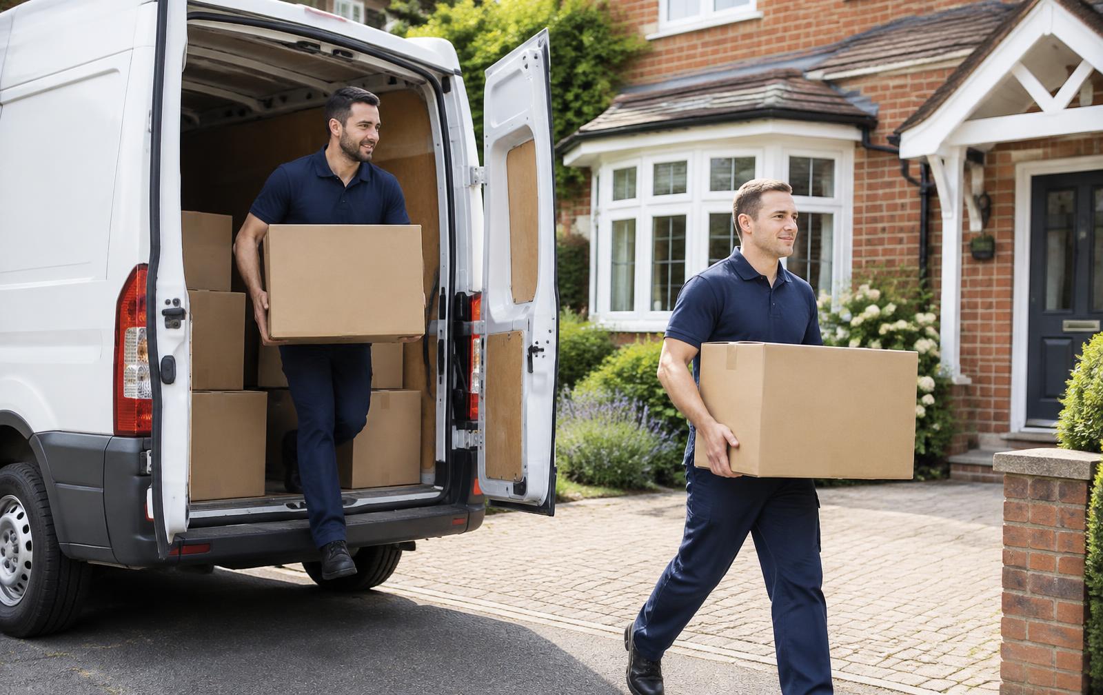 Professional movers carrying boxes from a removals van outside a UK home